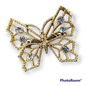Golden butterfly rhinestone accent pin / brooch